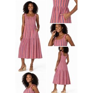 Liverpool Stripe Midi Dress XS Boho Tiered Sundress Pockets NWT